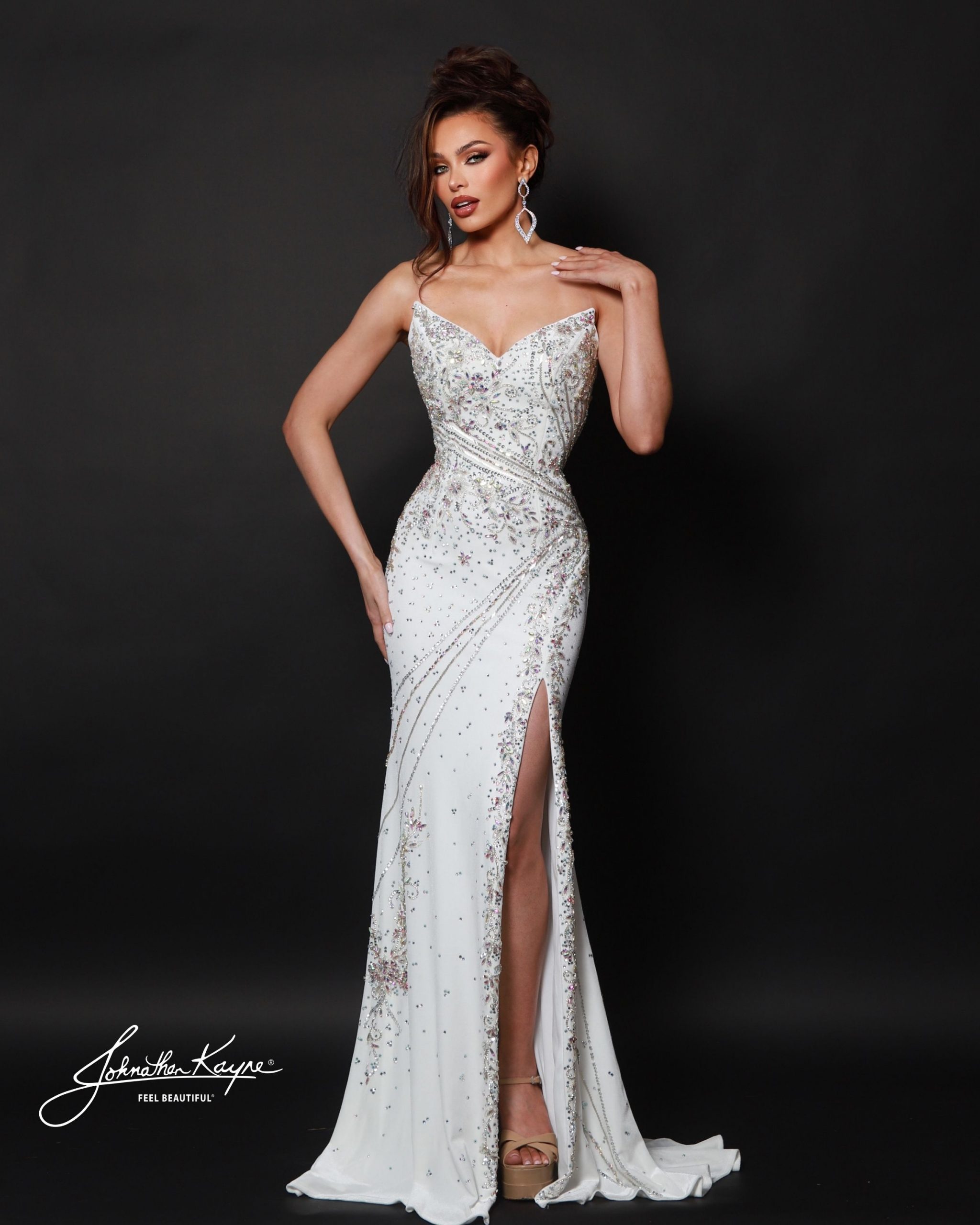 Johnathan Kayne Style 3208 in White — an embellished velvet evening gown with a sweetheart neckline, shimmering embroidery, high slit, and fitted silhouette; ideal for pageants, red carpet, and special events.